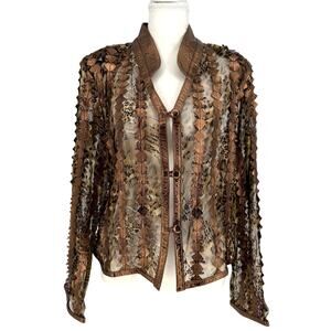 Natto Vintage Sheer Mesh Animal Print Ribbon Knit Jacket Cardigan Leather XL